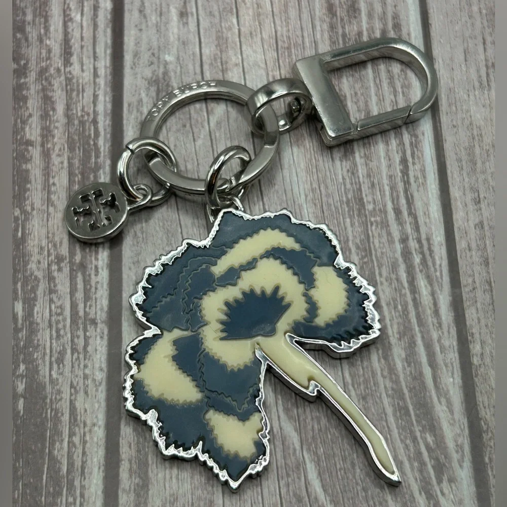 TORY BURCH Carnation Enamel Bag Charm/ Keychain Blue White Silver